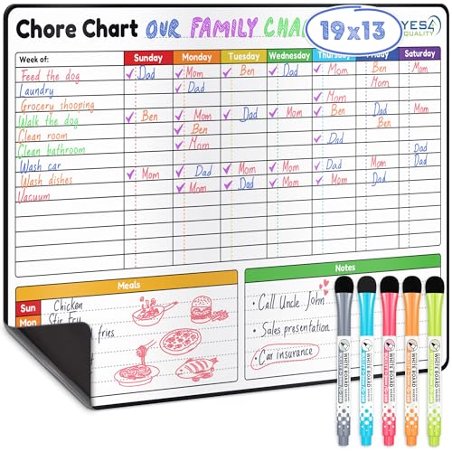 Yes4Quality - Magnetic Dry Erase Chore Chart - 48x33 cm - Behaviour Chart for Multiple Kids - Family Weekly Chores Checklist with Meal Planner - Stain Resistant Board for Fridge with 5 Markers