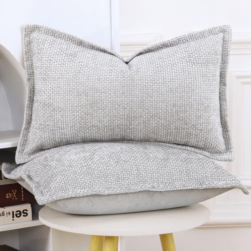 Image of MADIZZ Decorative Chenille Velvet Throw Pillow Covers Set of 2 Soft Boho Textured Neutral Couch Throw Pillow for Bed Modern Farmhouse Home Decor for Sofa Livingroom Oatmeal 12x20 Inch