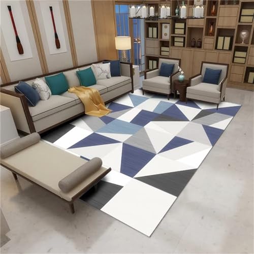 Tapis de sol bleu géométrique à carreaux avec structure durable et format rectangulaire - 2