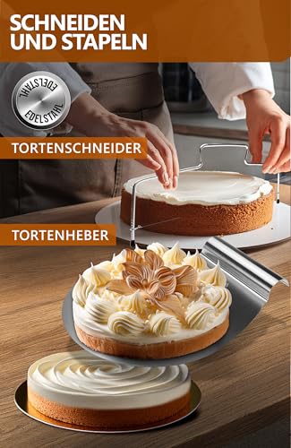 Foto von 4smile Torten-Zubehör-Set 5 Teile - Tortenring verstellbar hoch 8,5 cm + Tortenschneider + Tortenheber + Tortenplatte drehbar + Streichpalette - Praktisches Backzubehör-Set