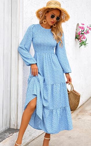 Image of PRETTYGARDEN Women's Fall Dresses 2026 Long Sleeve Flowy Casual Floral Maxi Dress Crew Neck Smocked Tiered Long Dress