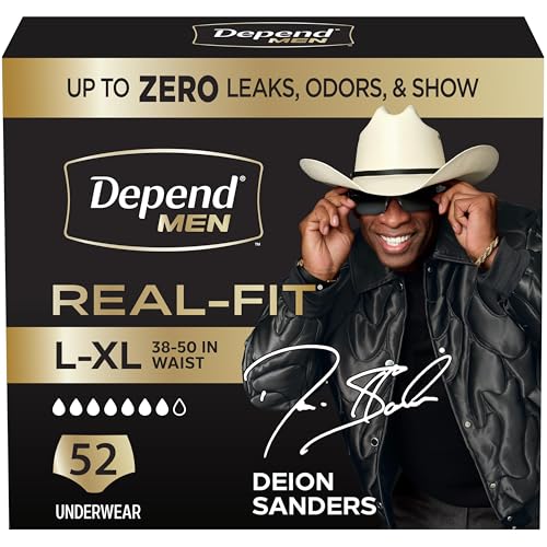 Depend Real Fit Adult Diapers, Incontinence Underwear for Men, Disposable, Maximum Absorbency, Large/Extra Large, 52 Count (2 Packs of 26), Packaging May Vary