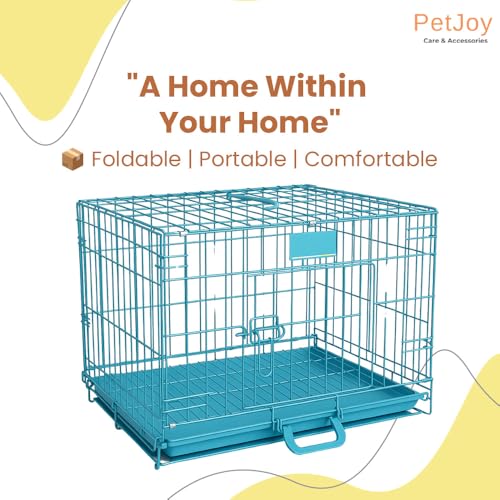 Image of PETJOY Foldable Metal Dog Cage | 24 Inch Dog Crate Kennel for Puppies, Medium Dogs, Cats & Rabbits | Double Door with Secure Lock, Removable Leak-Proof Tray | Portable & Easy to Clean Pet Cage (Blue)