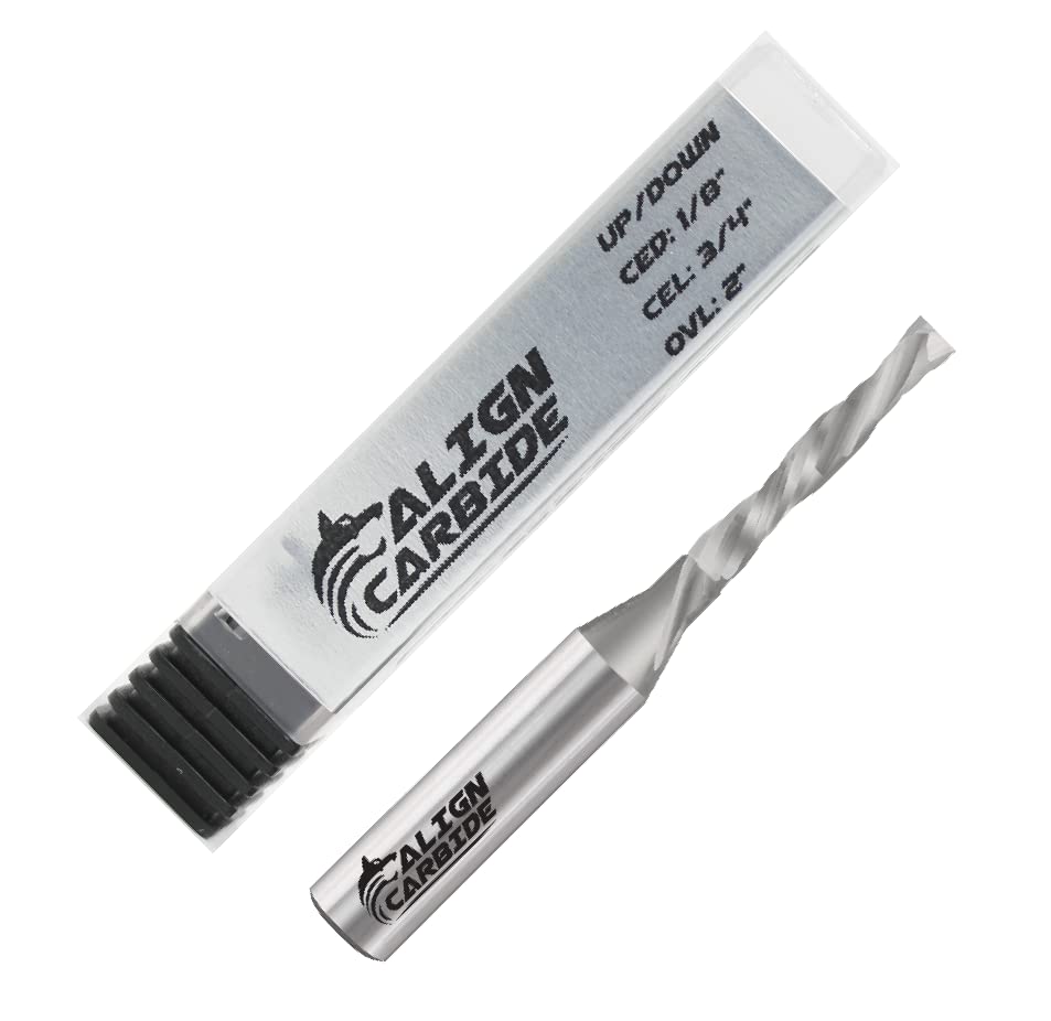 ALIGN CARBIDEUP Cut Router Bit, 1/8 Inch Cutting Diameter, 1/4 Inch Shank, Premium Solid Micro Grain Carbide, Spiral Plunge, 2 Flute, Flat Cutting Face, CNC Router Pro-Series.