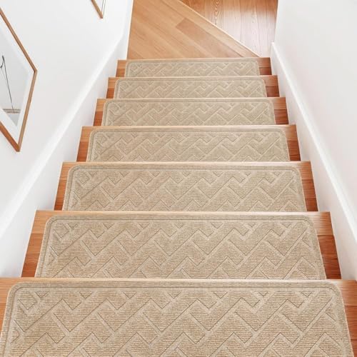Stair Treads Non Slip, 15 Pack 8 "X 30" Stair Runners for Wooden Steps, Stairs Carpet Strips, Carpet Stair Treads Made of Polyester and Reusable Adhesive, for Kids, Elders and Dogs (Beige) by Dayacoco - Used condition - CA$40.15