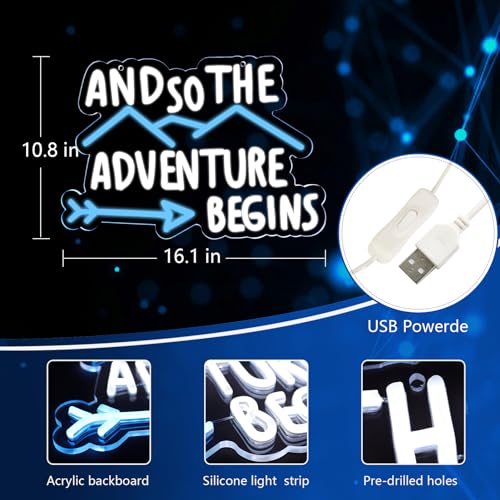 Image of and so the Adventure Begins Neon Signs for Wall Decor Neon Lights Led Signs Suitable for Bedroom Office Man Cave Bar Pub Christmas Party 5V Usb Power 10.8 * 16.1 Inch(White+Azure)