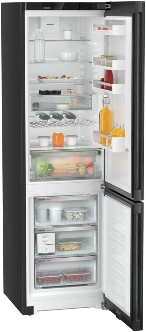 Interior view of the Liebherr CNbdd 5733 refrigerator-freezer with food items.