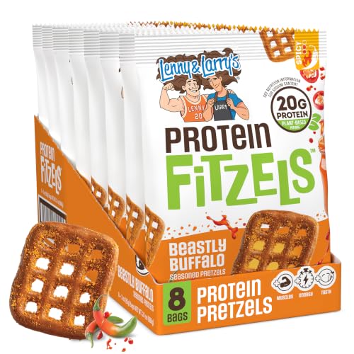 Image of Lenny & Larry's FITZELS Protein Pretzels [Beastly Buffalo] - 8 x 3oz Bags of High Protein Snacks with 20g Plant Based Protein - Vegan Snack - Incredibly Tasty with Salty Crunch