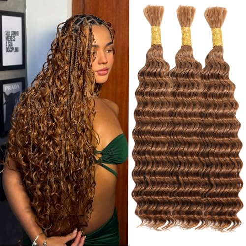 Brown Human Braiding Hair for Boho Braids 20 Inch 120g Deep Wave Boho Hair for Braiding Brown 100% Human Hair Bulk for Black Women 3 Bundles#30