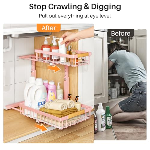 Image of PXRACK Under Sink Organizer, Adjustable Height, 2 Tier Pull Out Under Cabinet Organizer, Slide Out Thickened Metal Under Sink Storage for Kitchen Bathroom Laundry Pantry Cabinet, Pink, Large-1-Pack