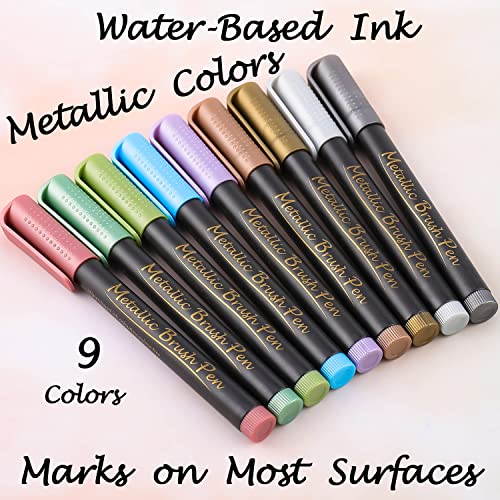 Image of Dyvicl Metallic Brush Marker Pens - Metallic Pens Art Markers for Calligraphy, Brush Lettering, Black Paper, Rock Painting, Card Making, Scrapbooking, Fabric, Metal, Ceramics, Wine Glass, Set of 9
