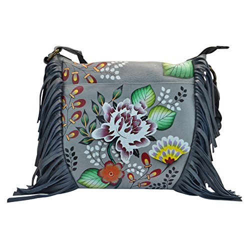 Anna by Anuschka Women's Genuine Leather Medium Fringed Hobo Shoulder bag | Hand Painted Original Artwork | Garden of Eden