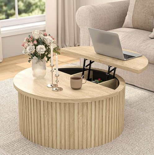 Fsbecl Lift Top Coffee Table with Storage, Round Coffee Tables for Living Room, 34.6'' Farmhouse Fluted Coffee Table, Wood Center Table with Large Hiddern Storage Compartment (Wood Color)