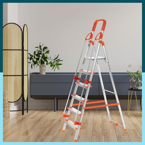 Houza 6 Step Foldable Aluminium Ladder with Railing for Home | Ladder with Anti-Slip Shoes | Slip Prevention Steps | Durable, Heavy Duty, Safe, and Stylish | Made in India (Orange) (B0D8SSHR5D) Amazon Price History, Amazon Price Tracker