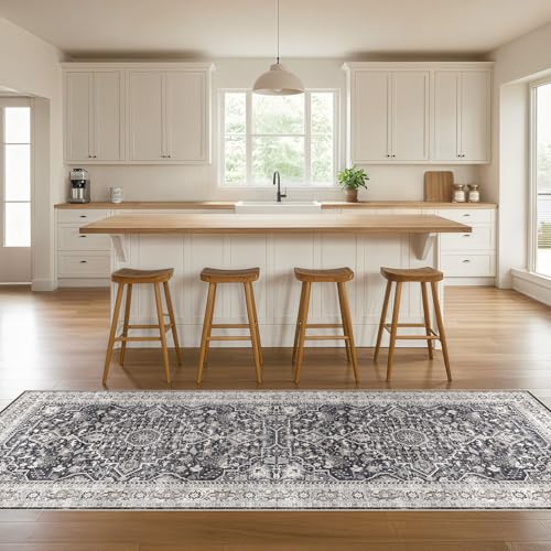 Runner Rug Kitchen Washable Rugs: 3x10 Non-Slip Boho Vintage Distressed Stain Resistant Indoor Floor Moody Oriental Throw Carpet for Hallway Bathroom Laundry Room Entryway Bedroom- Black