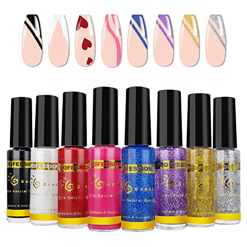 LSxia 8 Colors Gel Liner Nail Art Polish Set, Classic & Liner Nail Painting Blooming Gel Nail Polish Set Nail Art Gel Polish Glitter Reflective Nail Gel Polish Set Gel Paint for Nails Art Designs DIY