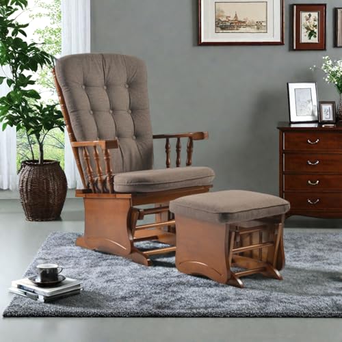 Image of Anti-Pinch Glider Chair with Ottoman, Nursery Rocking Chair for Baby & Mom, Solid Wood Glider Rocker with High Back Cushion, Nursing Chair for Living Room, Bedroom & Nursery, Antique Espresso