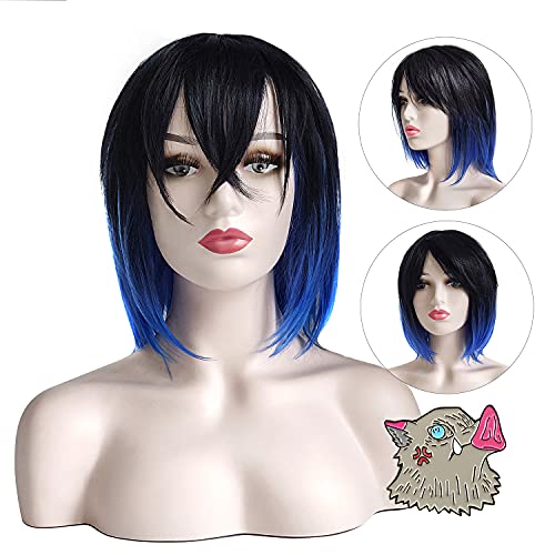 Demon Slayer Cosplay Wig Hashibira Inosuke Costume Wig Black Blue Highlight Anime Wig with Wild Boar Badge