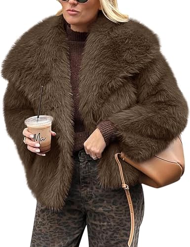 FOMELY Faux Fur Coat Fluffy Fur Jacket Women Lapel Collar