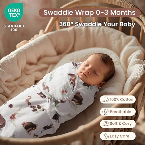 Image of david's kids 100% Cotton 3 Pack Baby Swaddle Wrap for 0-3 Months, Soft Breathable Swaddle Blanket for Newborn Infant, Adjustable Baby Wrap Sleep Sacks for Boys Girls, Newborn Essentials, Woodland