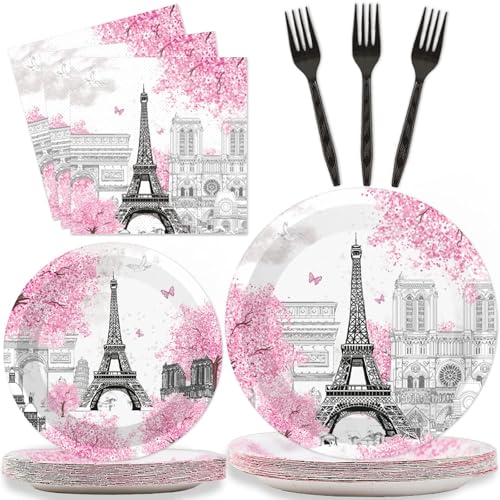 ZOIIWA 96 Pieces Paris Party Plates Eiffel Tower Theme Party Decorations French Parisian Cake Paper Plates and Napkins Disposable Dessert Tableware Set Paris Pink Birthday Supplies 24 Guests