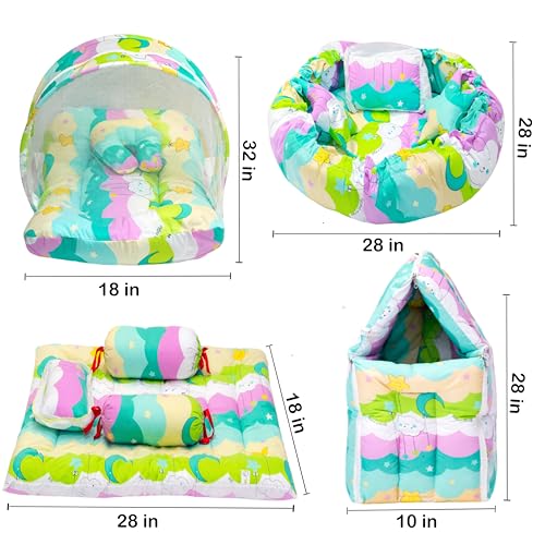 Image of Fareto Combo of Baby Nest | Net with Bed | Carry Bag | 4 Pcs Bedding Set(0-6 Months) (Fullset Nest) (New Pista Green)