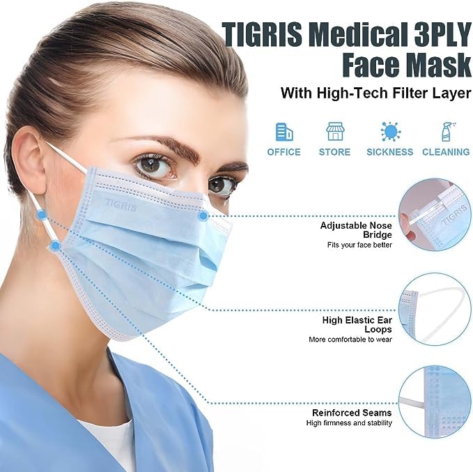 Miniatura 2 de 50 mascarillas desechables de nivel 3 con cinta elástica para las orejas, 0.14 onzas, 3 capas, desechables, individuales, no tejidas, transpirables,