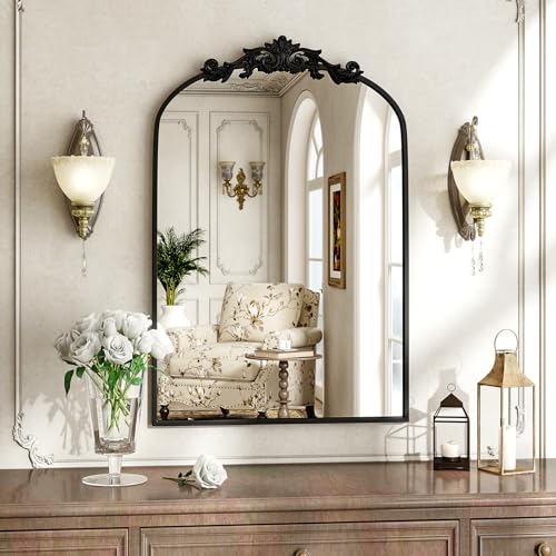 BEAUTYPEAK 26x38 Arched Mirror, Black Traditional Vintage Ornate Baroque Wall