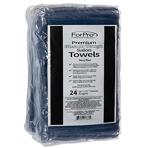 ForPro Premium Bleach Tough Salon Towels, Navy Blue, 100% Cotton, Bleach-Proof, Stain Resistant, 16 in W x 27 in L, 24-Ct