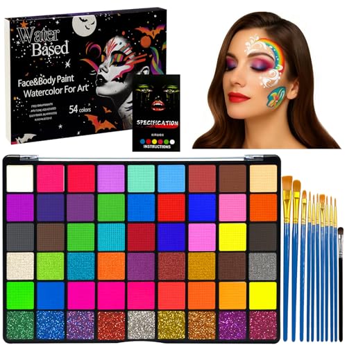 xiaoxianxian Pinta-caras Infantil, 54 Cores Pintura de Cara para Crianças, Pintura Corporal e Facial com 11 Pincéis para Halloween, Carnaval, Aniversários e Festas Temáticas