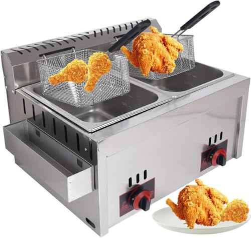 Freidora de gas de acero inoxidable, freidora doble de grado comercial con potencia de fuego ajustable, incluye cestas y tapa, fácil de limpiar, capacidad de 10 litros