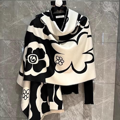 Spring and Summer Sense of Luxury Versatile Camellia Black and White Scarf Warm Shawl2
