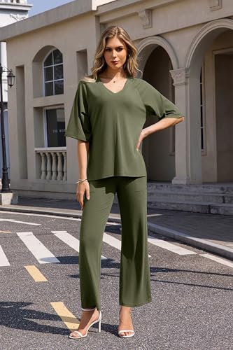 Image of difficort Womens 2 Piece Outfits Raglan Short Sleeve Lounge Sets Wide Leg Sets Loungewear with Pockets