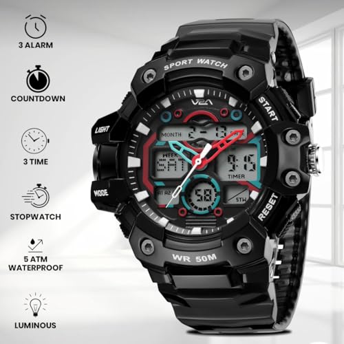 Image of V2A Stryke 53mm Analog Digital Sports Watch for Men | 3 Alarms & Countdown Timer | Layered Multi-Display Dial | Stopwatch, Dual Time, Day-Date | TPU Strap | 50M Water Resistant | Gift for Men