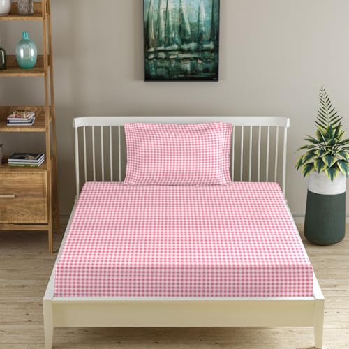 Image of MORADO Premium Glace Cotton 210 TC Single Bedsheet with 1 King Size Pillow Covers Skin Friendly Printed Bedding Set, (60x90 Inches, White&Pink)