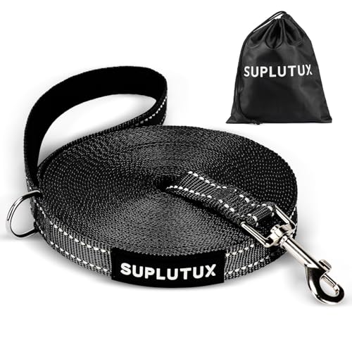 SuplutuX Guinzaglio per Cane con Strisce Riflettenti, Lunghina per Cane 20 Metri con Borsa Portatile, Materiali di Alta Qualità, Ideale per Richiamo e Addestramento all'Obbedienza (Nero, 20m)