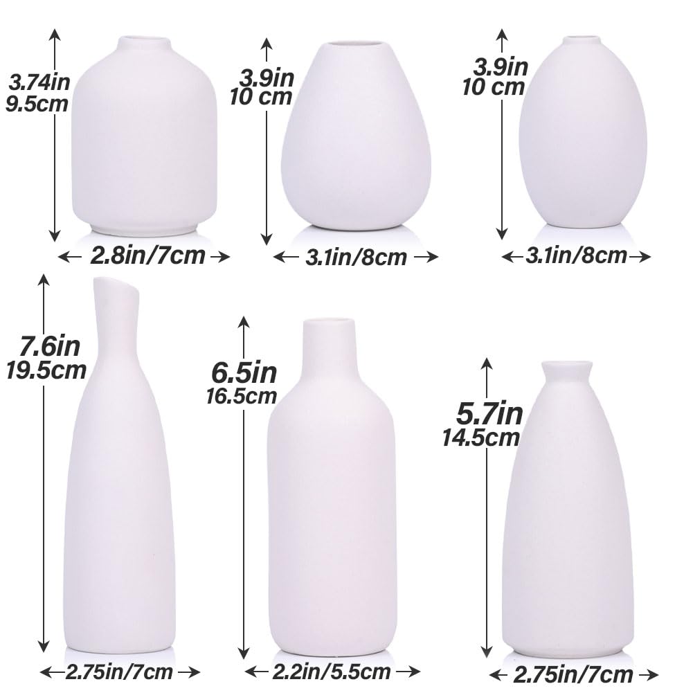 Juego de 6 jarrones de cerámica blanca, modernos jarrones bohemios para flores secas, pequeños jarrones blancos para decoración, jarrones pequeños blancos para centros de mesa a granel, mini jarrones