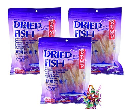 3er Pack - [ 3x 100g ] BDMP Getrocknete Sardellen Dried Anchovy Pla-kaew-pa-hang #3 + ein kleiner Glücksanhänger gratis