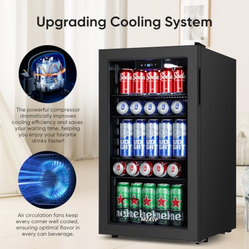Image of 120 Cans Beverage Refrigerator Freestanding, Small Beverage Cooler with Glass Door, Mini Drink Fridge for Beer Soda, 3.0 Cu.Ft for Office, Home, Bar, White LED Light & Reversible Door - Black