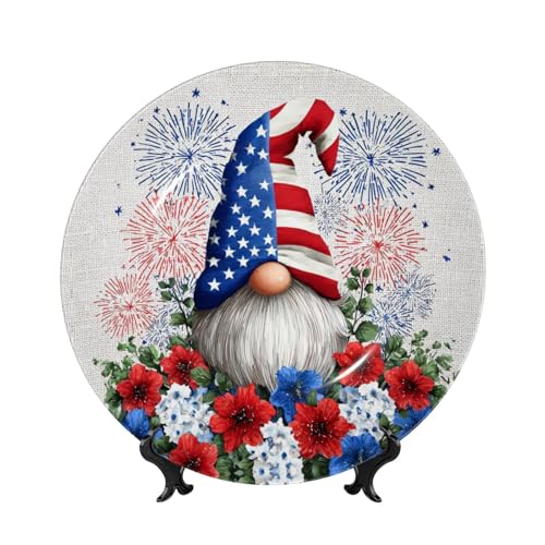YZILDP American Flag Gnomes Ceramic Plate with Stand,7 in,4th of July Decorative Plates for Wall Hanging Ceramic Craft for Kitchen Cabinets Dining Room Office Home Decor,Round