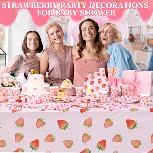 Image of Funnymoom 452 Pcs Strawberry Party Supplies for 50 Guests, Strawberry Paper Plates Napkins Cups Tablecloth Cutlery Straws for Berry First Birthday Baby Shower Party Decorations