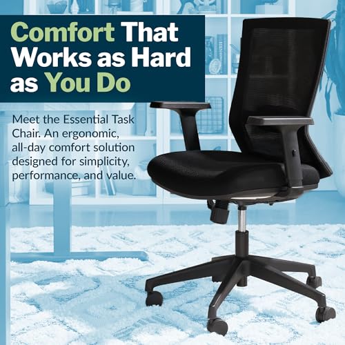 Image of Vari Essential Task Chair - Varidesk Ergonomic Home Office Chair with Comfortable Mesh, Lumbar & Back Support, Adjustable Height - Ideal for Computer Desk - Easy Assembly - Black