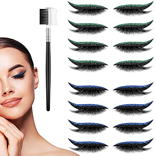 8 Pairs Reusable Eyeliner Sticker with Lashes Waterproof Colorful Eyeliner and Eyelash Stickers Colored Eyeliners Stickers for Eyes with 1 Eyelash Brush for Party Daily Makeup (Blue+Green)