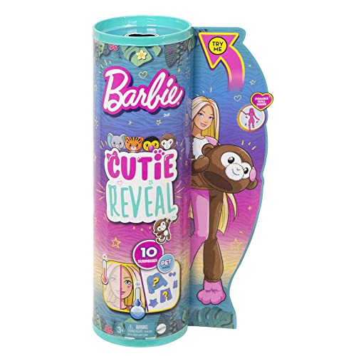 Barbie Poupée Cutie Reveal Série Jungle, poupée avec Costume de Singe en Peluche, 10 Surprises et Changement de Couleur, Jouet Enfant, Dès 3 Ans, HKR01 – Image 8
