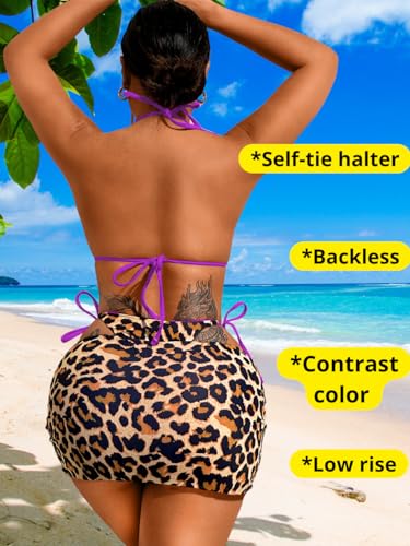 Image of ShawGobow Womens 3 Piece Leopard Bikini Set,Triangle String High Cut Thong Sexy Swimsuit & Coverup Skirt,Pool Party Outfit