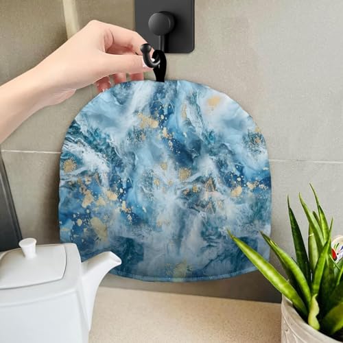 Image of Tea Cozy for Teapot Kitchen Accessory Tea Pot Cosy Insulated Thermal Kettle Cover Breakfast Warmer Washable for Home Kitchen Tabletop Decoration, Blue Gold Marble