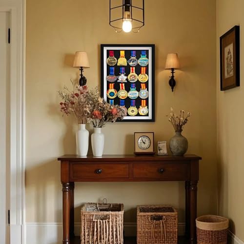 Image of Medal Display Case, 16 Medals Display Case Shadow Box Frame | Black, 21.7x13.4x1.2 in, Solid Wood+Tempered Glass, Wall Mount, Large Marathon Medal Display Frame for All Sports Medal