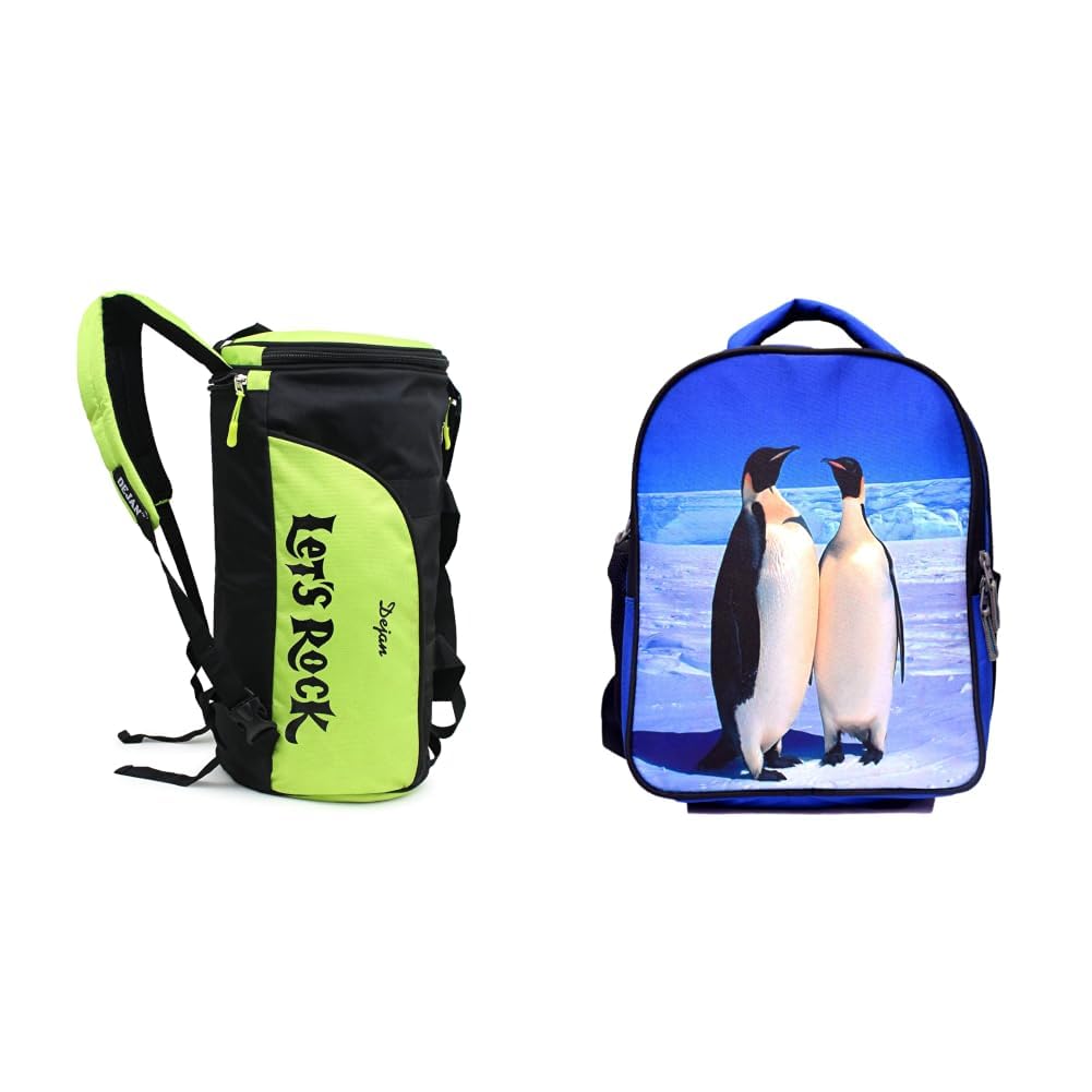 Bags Stylish Duffle Cum Backpack for Travel/Gym Bag for Men & Women - (Black Neon Green) + Bags Dejan Girls Boys Blue Penguine Couple Printed Kids School Multipurpose Picnic Tution Bag-image-28