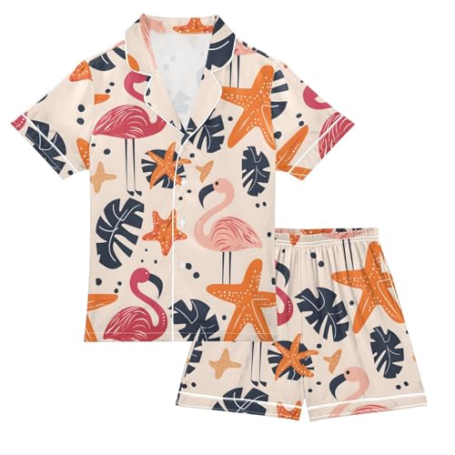 ALAZA Starfish Flamingo Palm Leaves Satin Pajamas Set Short Sleeve Button Down Sleepwear Summer Pjs 2 Piece
