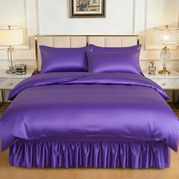 CHARKHAH Luxury Satin Bedding 4 Piece Set with Valance Fitted Sheet, Duvet Cover & 2 Pillowcases | 30cm Deep Bed Skirt 35cm Drop | Silky Smooth Satin Bed Set Double King UK